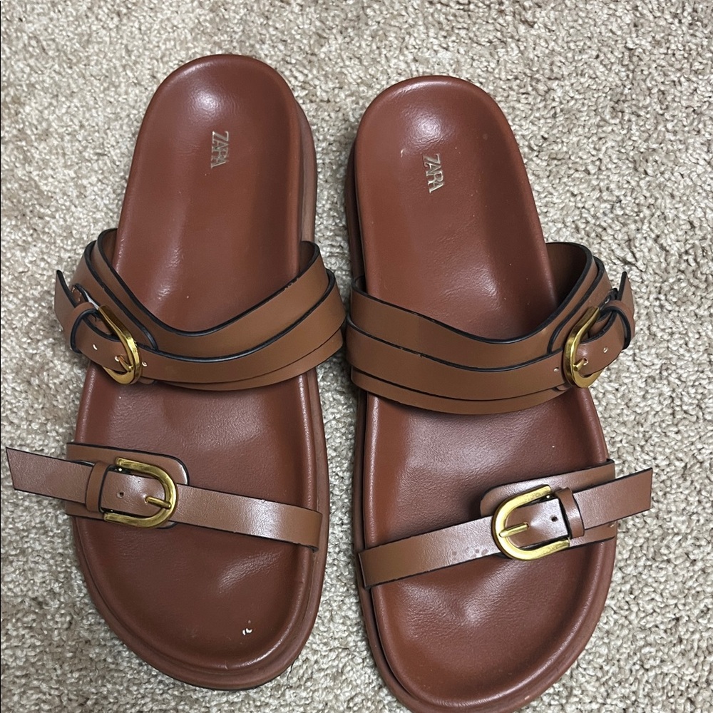 Zara Brown Double-Buckle Slide Sandals with Gold Hardware